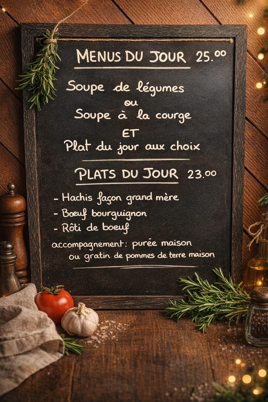 Ardoise des menus du jour au Café du Marché