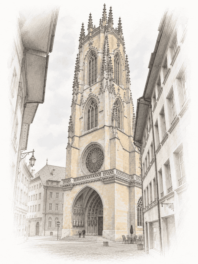 La tour de la cathédrale Saint-Nicolas, aquarelle et crayon