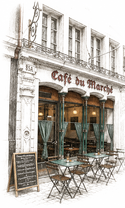 La façade du Café du Marché dessinée au crayon : colonnes vertes, terrasse et ardoise