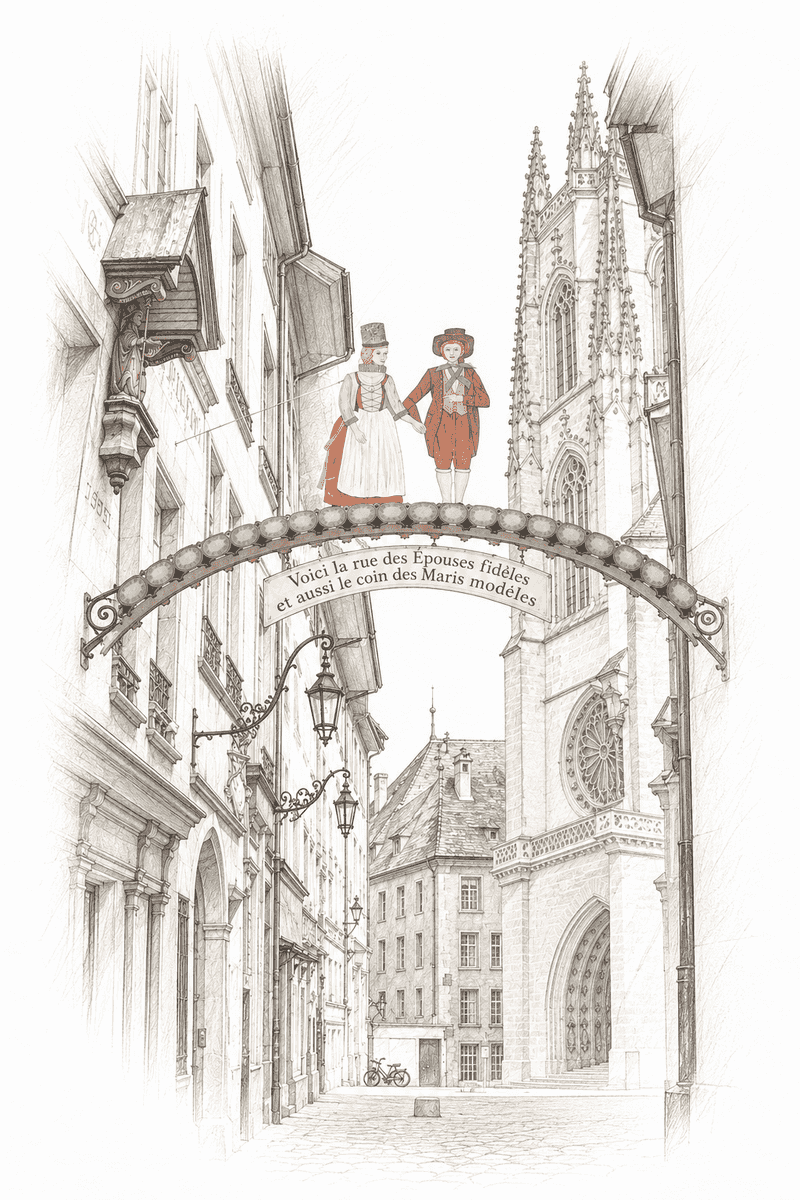 La rue des Épouses, son arche et le couple en costume, aquarelle et crayon